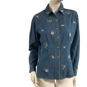 Bill Blass 90s Floral Embroidered Denim Shirt